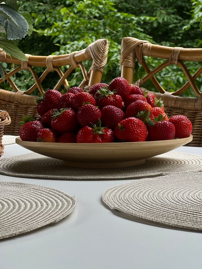 services-04 A bowl of vibrant red strawberries on a table set outdoors, surrounded by greenery.