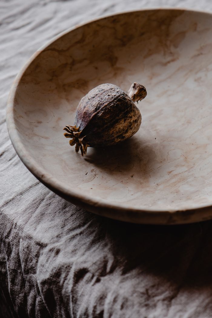 who-we-are A single dried poppy seed pod placed in a rustic wooden bowl, exuding a natural and earthy vibe.
